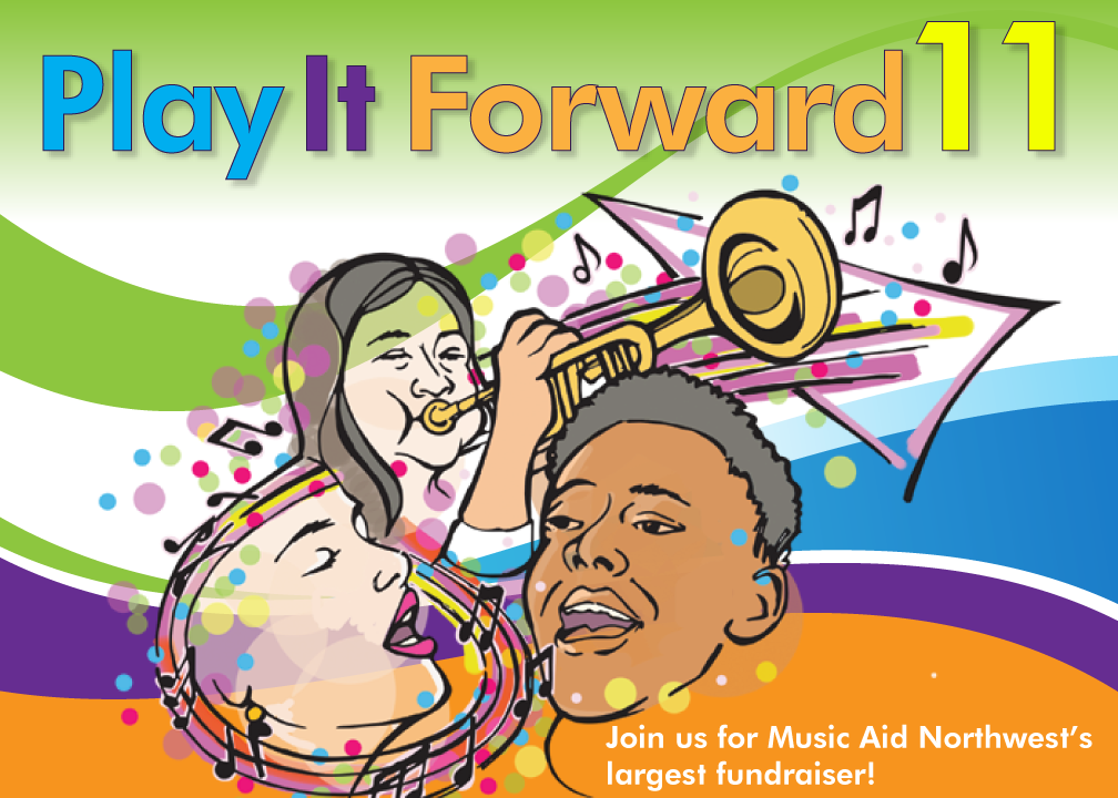 Play It Forward 11 on April 29. Image features two musicians singing with one playing a horn.